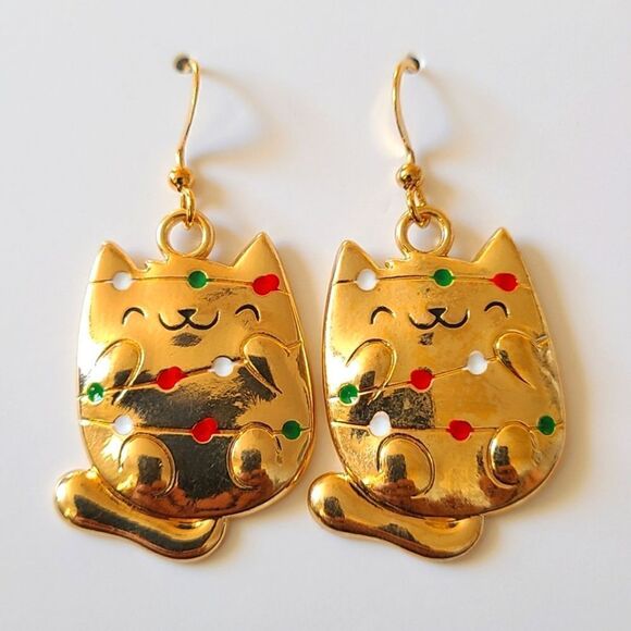 New Hand Crafted Gold Cat Wrapped in Lights Cute Dangle Earrings 18k Gold Plated - Picture 1 of 1